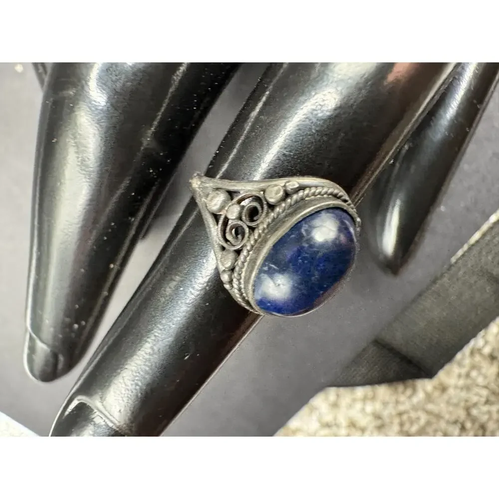 Vintage Lapis Lazuli Oval Filigree Silver Tone Women's Cocktail Band Ring